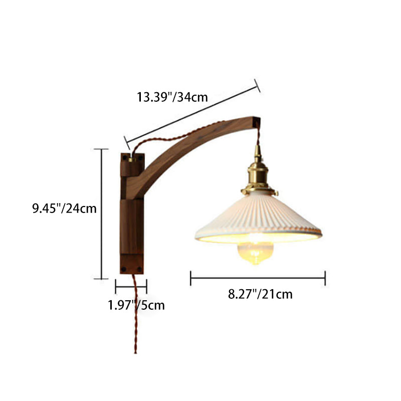 Wall Lamp Wood Glass Pleated Shade Ø21.0 cm Adjustable Hallway Living Room Bedroom Lighting Decorative Retro Japandi Mood Fixture | Thomler