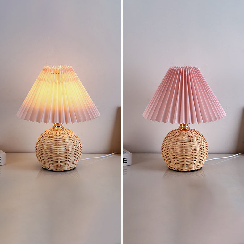 Nordic Rattan Table Lamp with Fabric Shade, USB Powered & Infinitely Dimmable LED Light for Bedroom, Living Room, Study | Thomler
