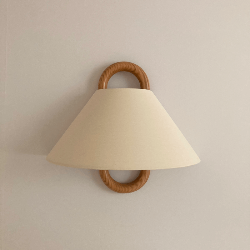 Fabric Half-Moon Wall Sconce with Natural Wood Backplate for Bedroom & Living Room | Thomler