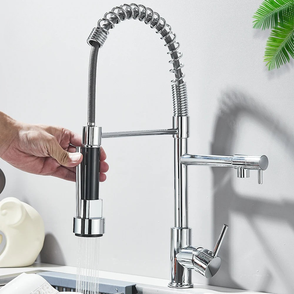 Swivel-Head Pull-Out Spray Sink Faucet – Hot & Cold Mixer Tap for Kitchen Countertop Installation – Chrome, Gold, Black & Brushed Finishes | Thomler