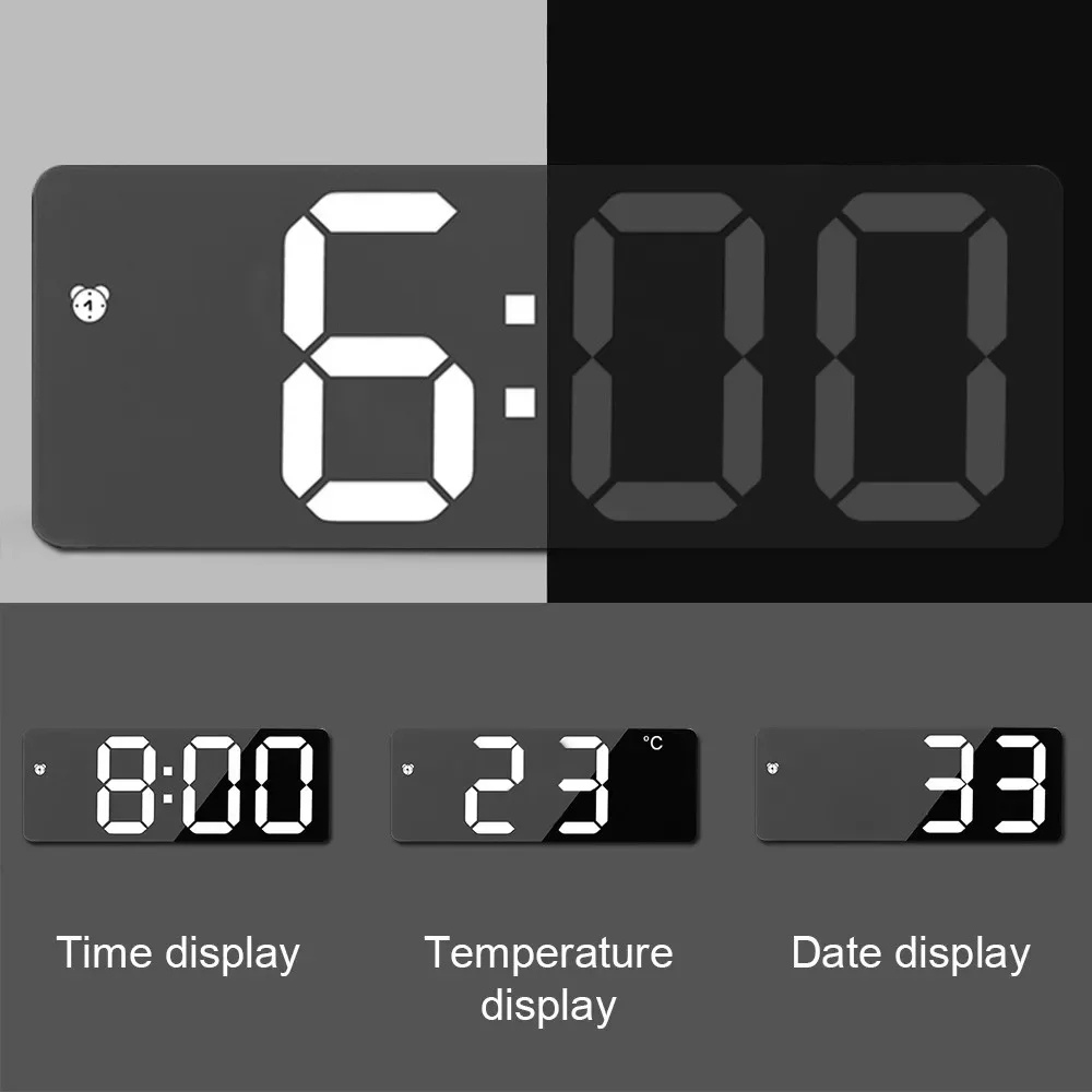 Mirrored LED Bedside Clock – Time, Temp & Alarm Display | Thomler