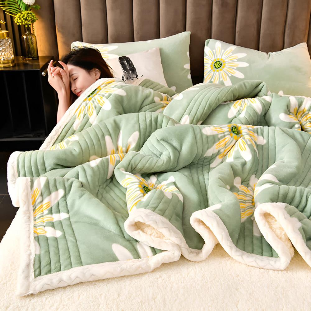 Reversible Floral Print Throw Blanket Soft Sherpa Fleece All-Season Bed Couch Cover Daisy Pattern Green Yellow | Thomler