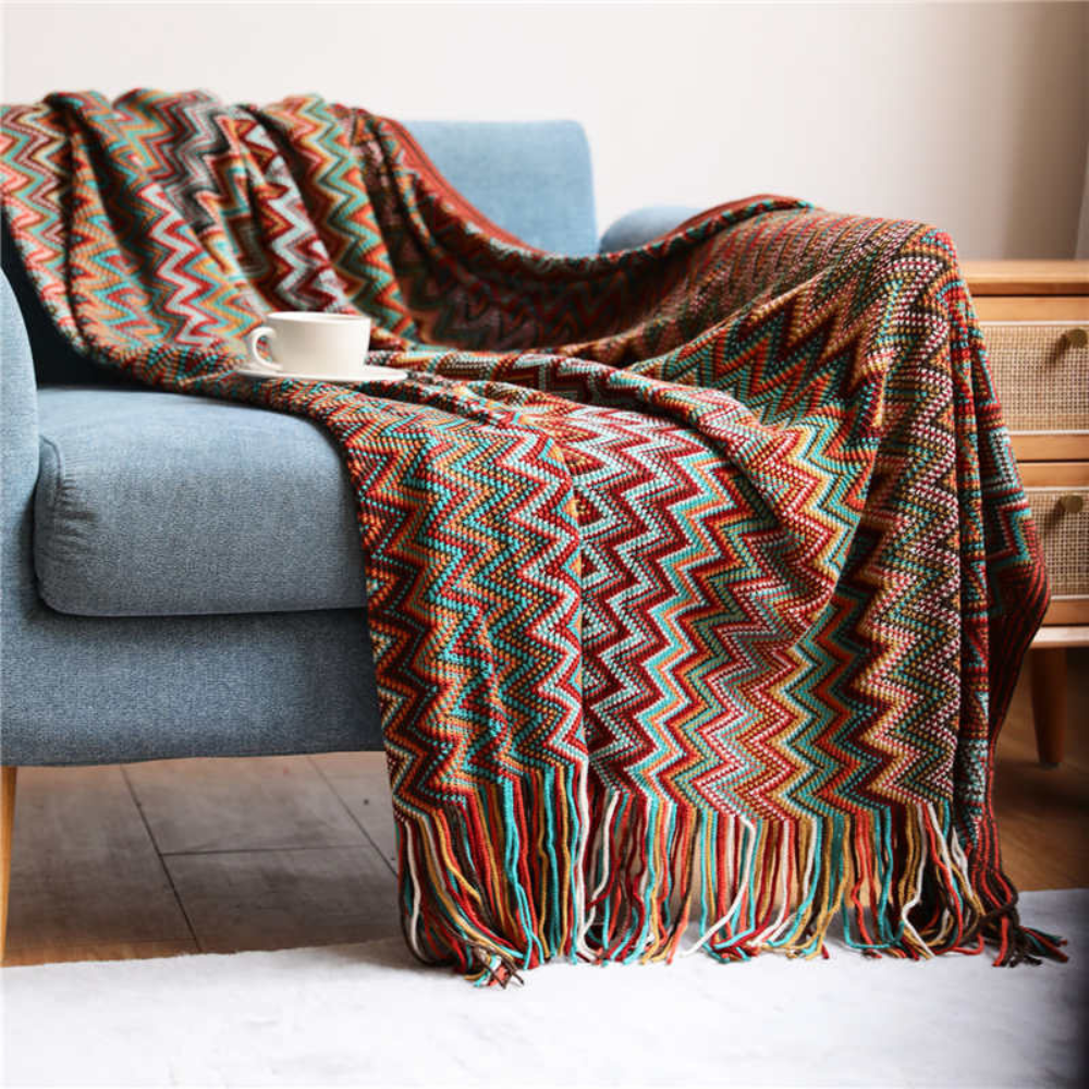Chevron Knit Throw Blanket with Fringe Trim – Lightweight Acrylic for Year-Round Comfort | Thomler