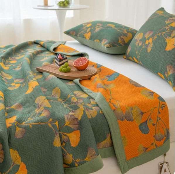 Reversible Cotton Throw Blanket with Ginkgo Leaf Pattern – Lightweight Summer Quilt for Bed, Sofa & Travel | Thomler
