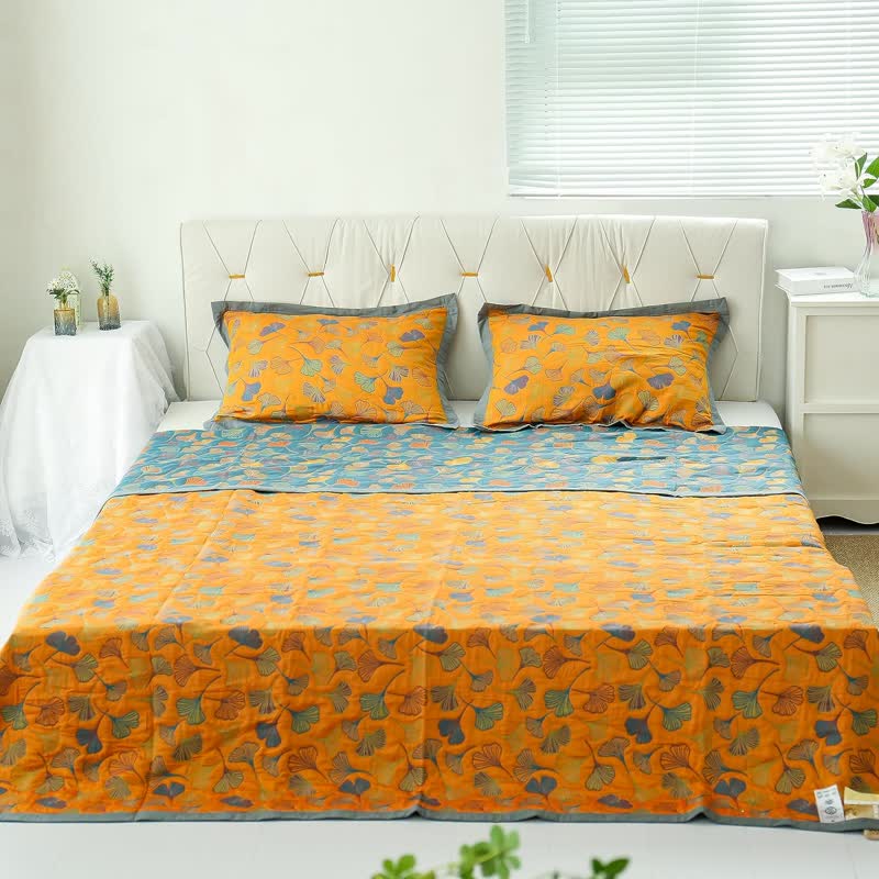 Reversible Cotton Quilt Ginkgo Leaf Botanical Print Bedspread Comforter Coverlet for Bedroom Decor Queen King Full Size Soft Breathable | Thomler