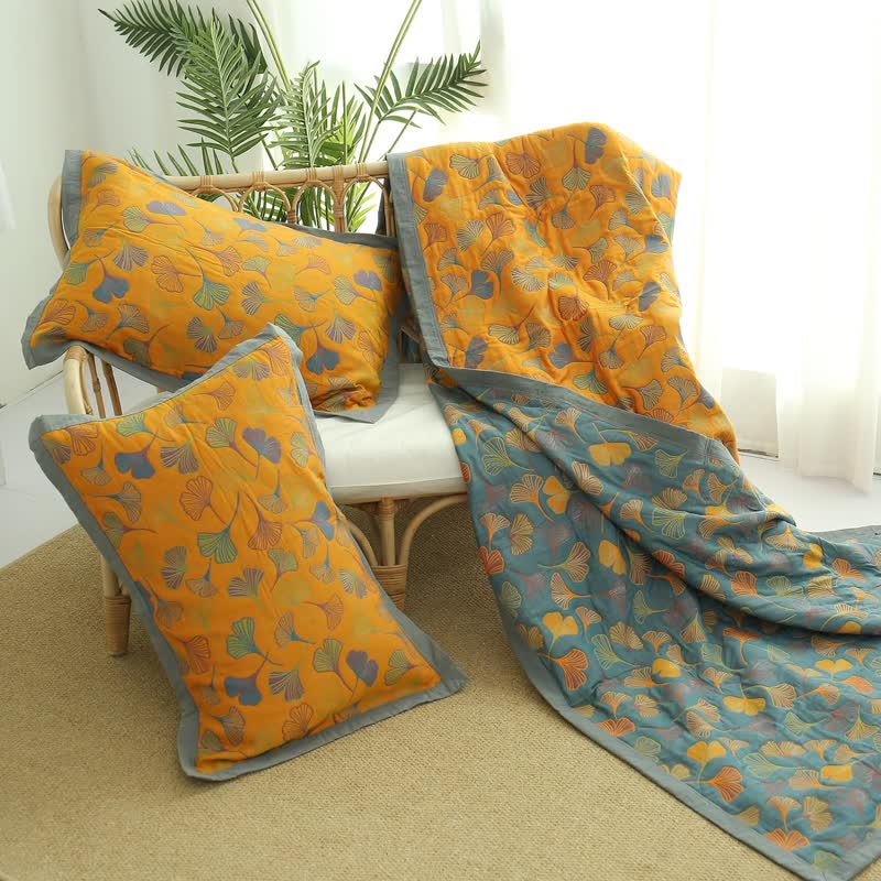 Reversible Cotton Quilt Ginkgo Leaf Botanical Print Bedspread Comforter Coverlet for Bedroom Decor Queen King Full Size Soft Breathable | Thomler