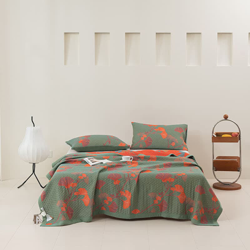 Reversible Cotton Quilt Ginkgo Leaf Design All-Season Bedspread Lightweight Throw Blanket for Bedroom Sofa Couch Travel Comfort | Thomler