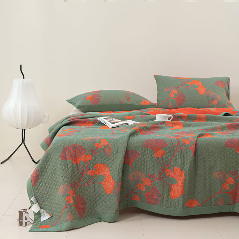 Reversible Cotton Quilt Ginkgo Leaf Design All-Season Bedspread Lightweight Throw Blanket for Bedroom Sofa Couch Travel Comfort | Thomler