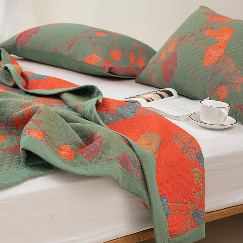Reversible Cotton Quilt Ginkgo Leaf Design All-Season Bedspread Lightweight Throw Blanket for Bedroom Sofa Couch Travel Comfort | Thomler