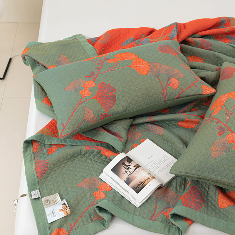 Reversible Cotton Quilt Ginkgo Leaf Design All-Season Bedspread Lightweight Throw Blanket for Bedroom Sofa Couch Travel Comfort | Thomler