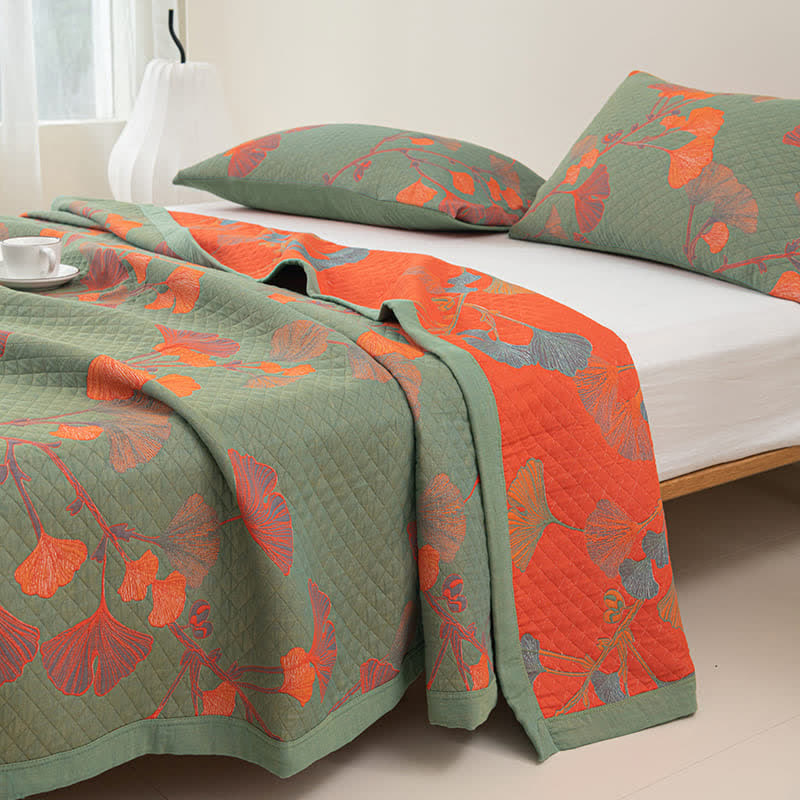 Reversible Cotton Quilt Ginkgo Leaf Design All-Season Bedspread Lightweight Throw Blanket for Bedroom Sofa Couch Travel Comfort | Thomler