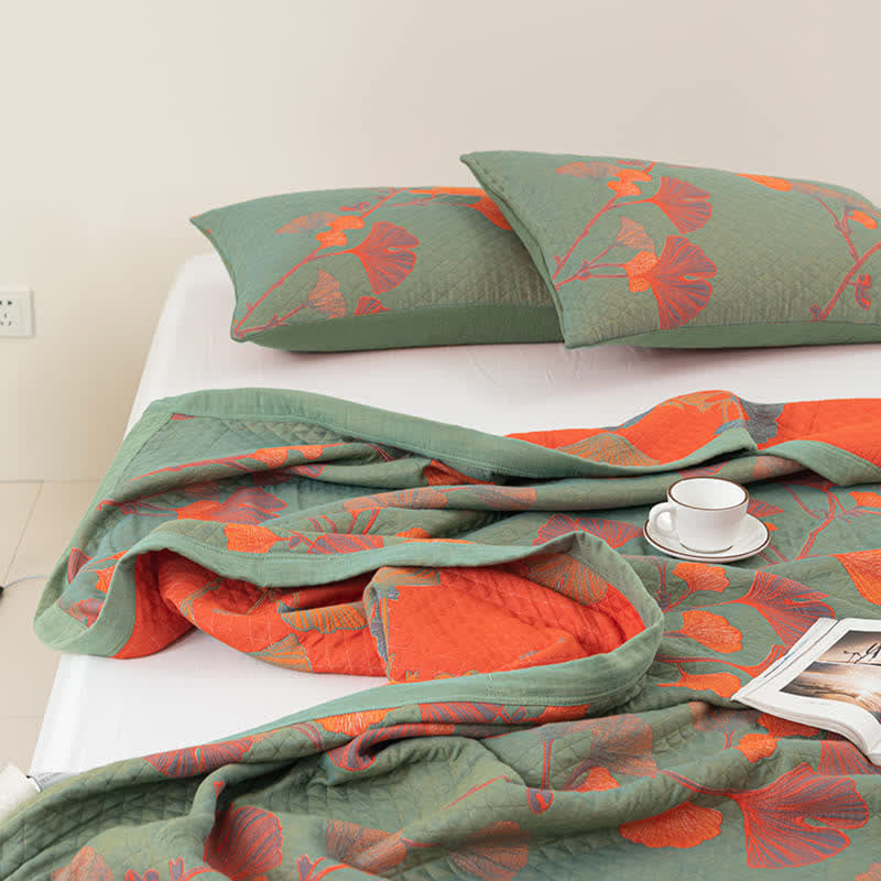 Reversible Cotton Quilt Ginkgo Leaf Design All-Season Bedspread Lightweight Throw Blanket for Bedroom Sofa Couch Travel Comfort | Thomler