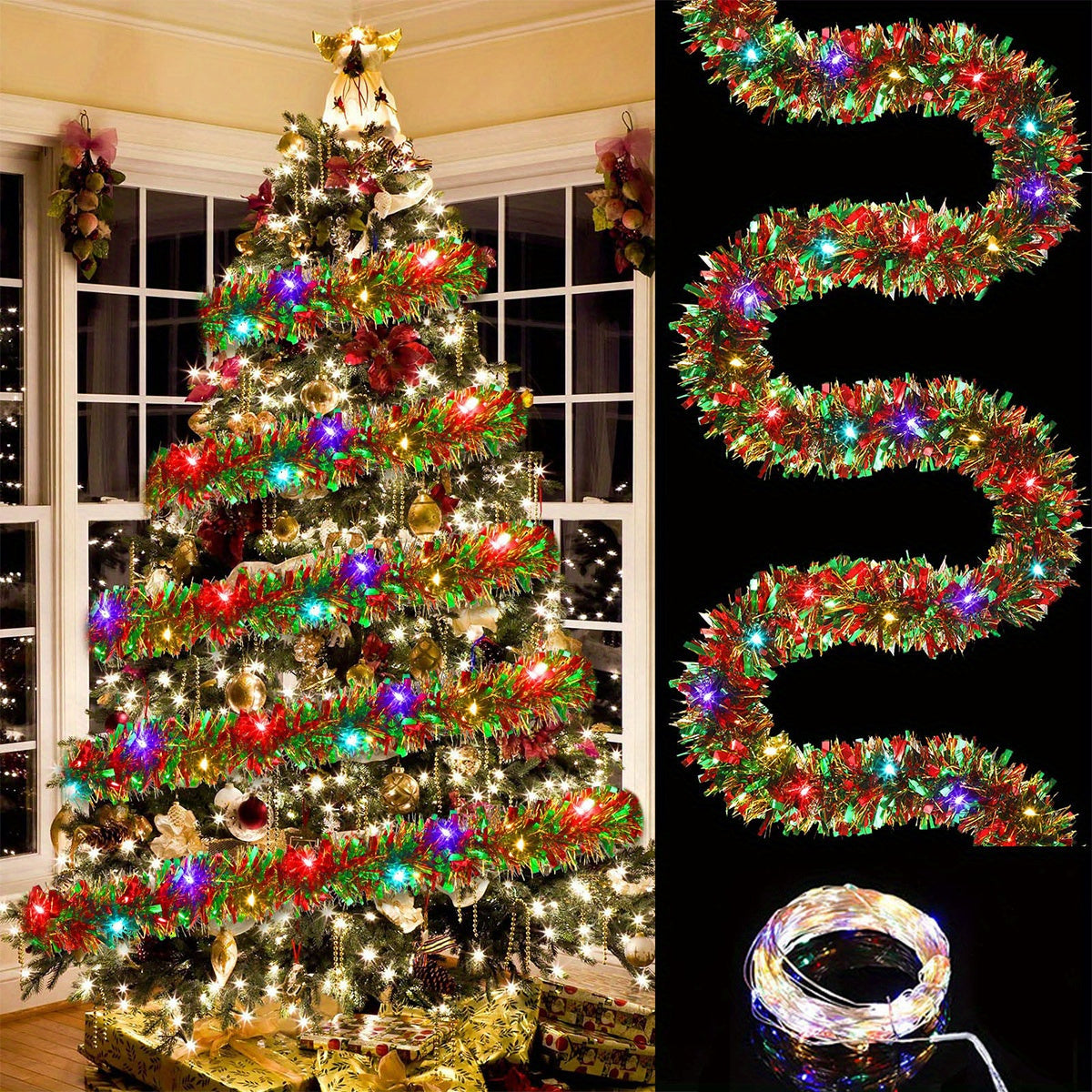 Battery-Powered Tinsel Garland with 50 LED Lights – 16 ft Shimmering Holiday Decor | Thomler