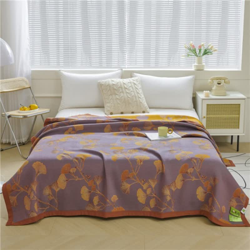 Reversible Cotton Throw Blanket with Ginkgo Leaf Pattern – Lightweight Summer Quilt for Bed, Sofa & Travel | Thomler