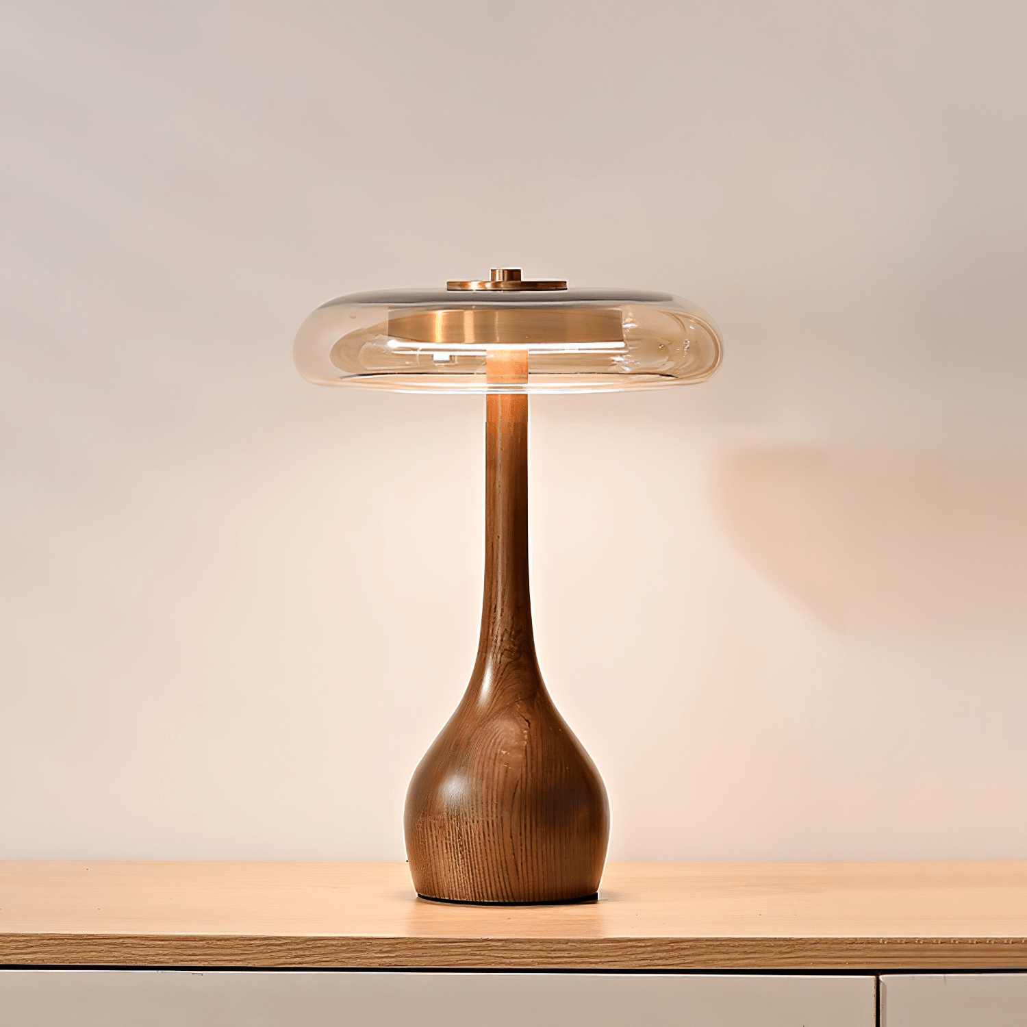 Wooden Table Lamp 9.8 in (25.0 cm) Amber Glass Shade Indoor Desk Lighting Warm Glow | Thomler