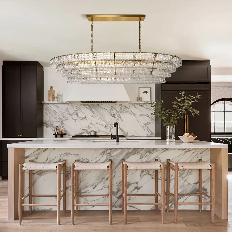 Oval Statement Chandelier Steel Frame Curved Glass Panels Adjustable Drop 5 or 12 Bulbs Dining Room Foyer | Thomler