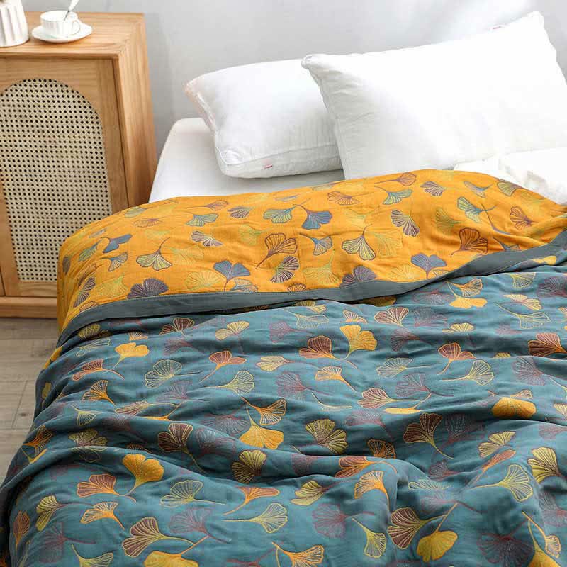 Reversible Cotton Quilt Ginkgo Leaf Botanical Print Bedspread Comforter Coverlet for Bedroom Decor Queen King Full Size Soft Breathable | Thomler