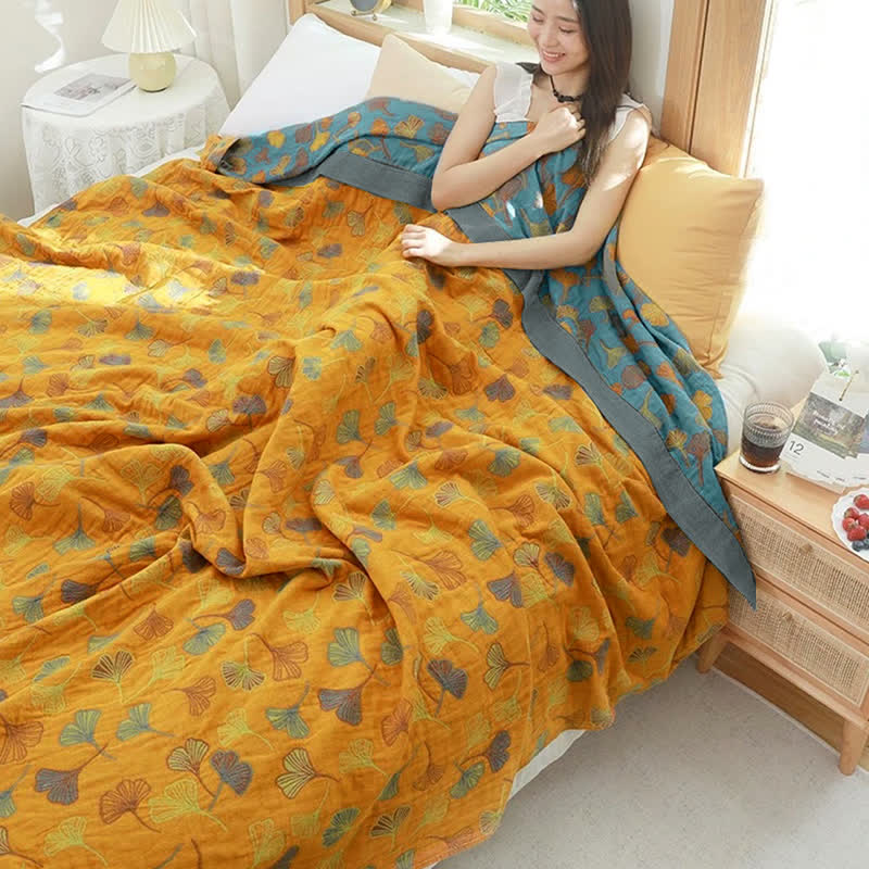 Reversible Cotton Quilt Ginkgo Leaf Botanical Print Bedspread Comforter Coverlet for Bedroom Decor Queen King Full Size Soft Breathable | Thomler