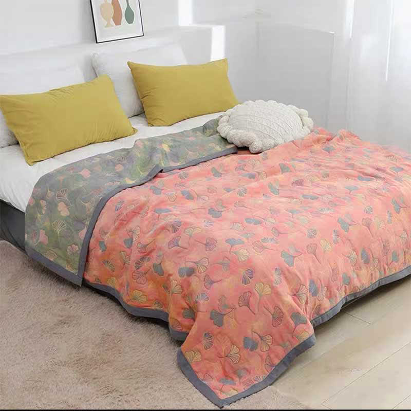 Reversible Cotton Quilt Ginkgo Leaf Botanical Print Bedspread Comforter Coverlet for Bedroom Decor Queen King Full Size Soft Breathable | Thomler
