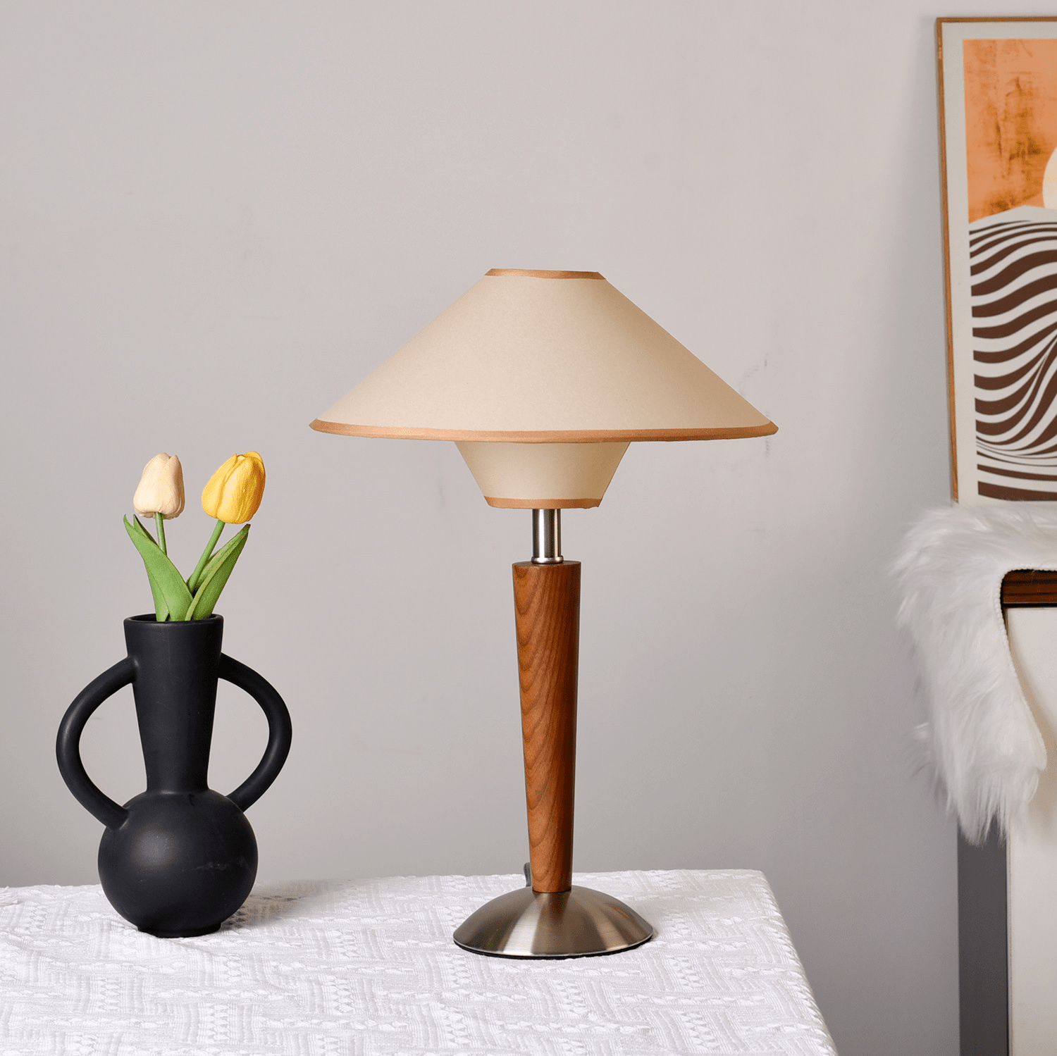Wood Table Lamp 17.3 in Fabric Shade E26 Bedroom Nightstand Living Room Modern Lighting | Thomler