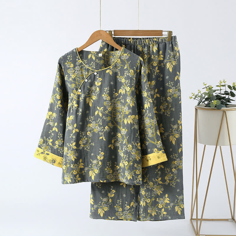 Women's Cotton Two-Piece Pajama Set with Floral Jacquard Pattern for Sleeping & Lounging | Thomler