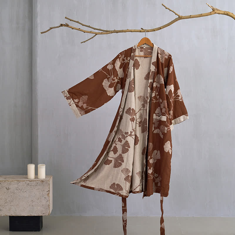 Women's Japanese-Style Cotton Gauze Robe with Oversized Botanical Print | Lightweight Kimono Wrap for Loungewear & Sleepwear | Thomler