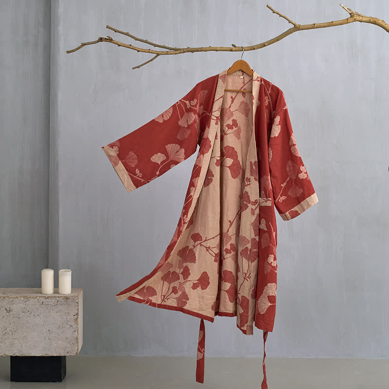 Women's Japanese-Style Cotton Gauze Robe with Oversized Botanical Print | Lightweight Kimono Wrap for Loungewear & Sleepwear | Thomler