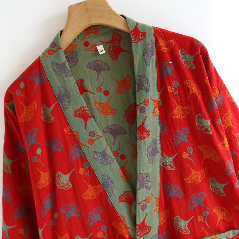 Lightweight Cotton Gauze Kimono Robe for Women & Men – Japanese Style Loungewear with Ginkgo Leaf Print & Adjustable Tie – Breathable | Thomler