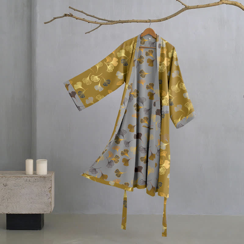 Cotton Gauze Kimono Robe Women Men Lightweight Bathrobe Ginkgo Leaf Pattern Unisex Loungewear Spa Wrap Housecoat Sleepwear Quick-Dry | Thomler
