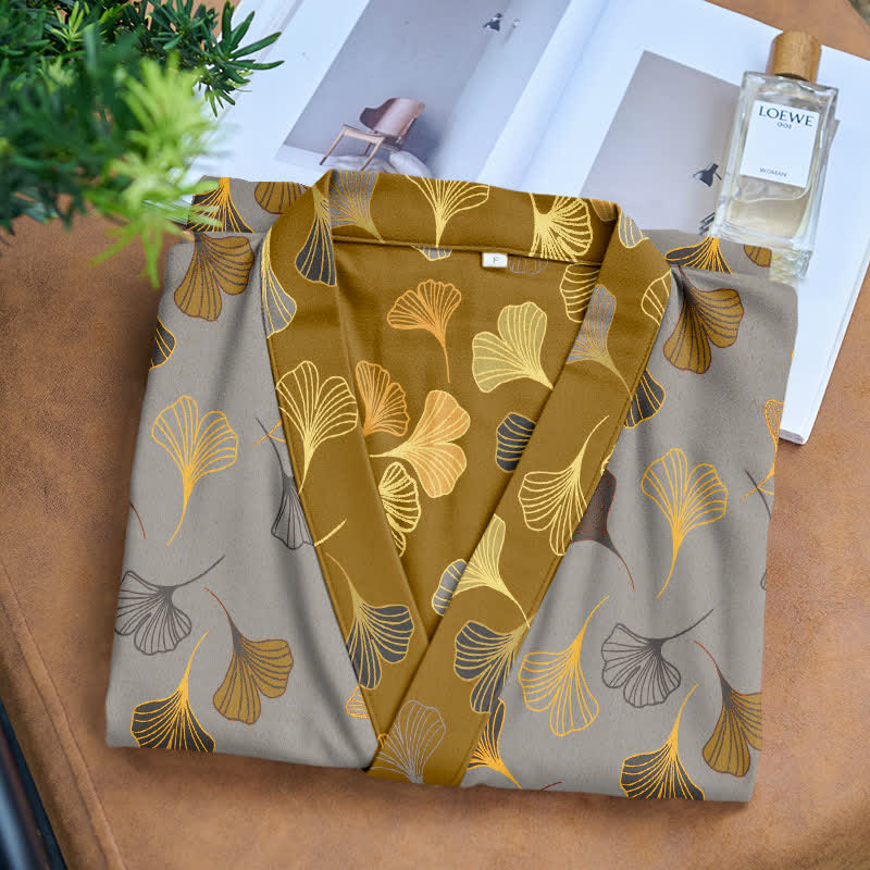 Cotton Gauze Kimono Robe Women Men Lightweight Bathrobe Ginkgo Leaf Pattern Unisex Loungewear Spa Wrap Housecoat Sleepwear Quick-Dry | Thomler