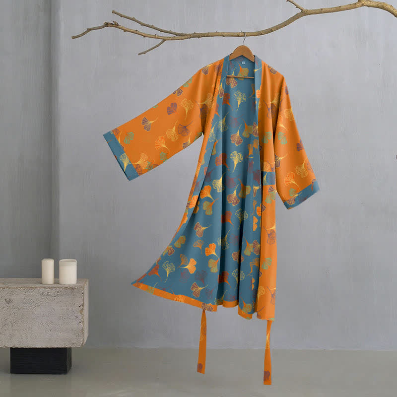 Cotton Gauze Kimono Robe Women Men Lightweight Bathrobe Ginkgo Leaf Pattern Unisex Loungewear Spa Wrap Housecoat Sleepwear Quick-Dry | Thomler
