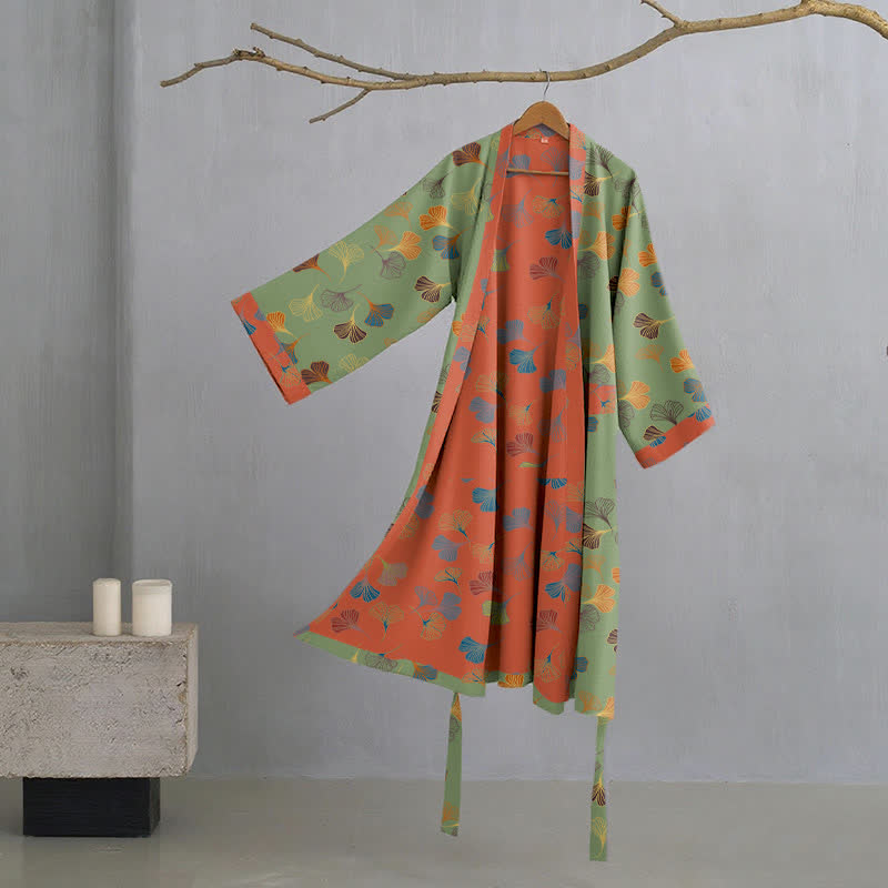 Cotton Gauze Kimono Robe Women Men Lightweight Bathrobe Ginkgo Leaf Pattern Unisex Loungewear Spa Wrap Housecoat Sleepwear Quick-Dry | Thomler