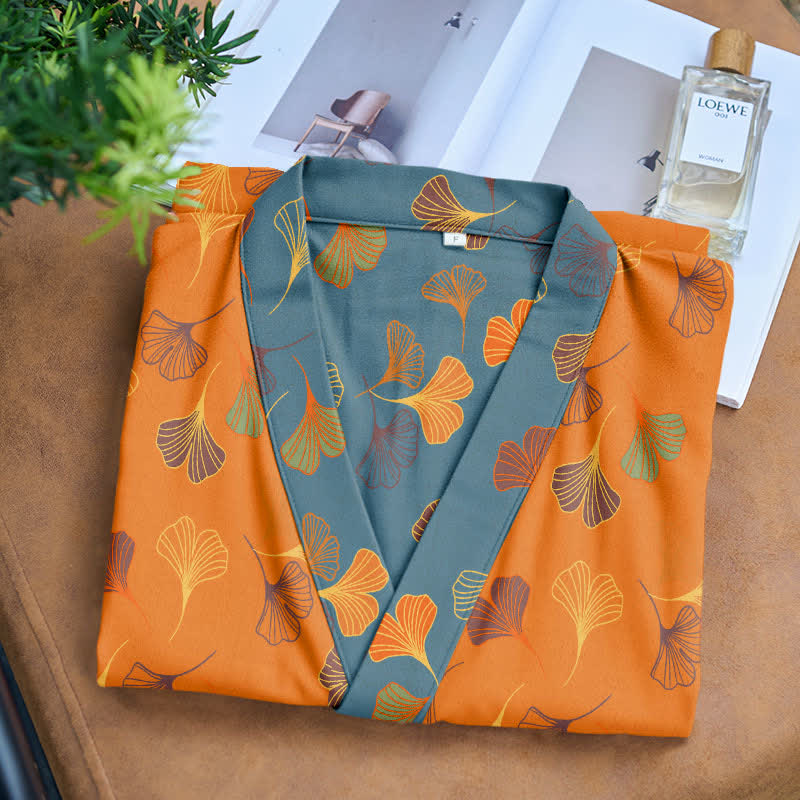Cotton Gauze Kimono Robe Women Men Lightweight Bathrobe Ginkgo Leaf Pattern Unisex Loungewear Spa Wrap Housecoat Sleepwear Quick-Dry | Thomler