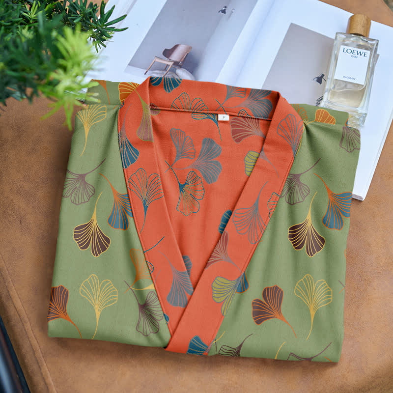 Cotton Gauze Kimono Robe Women Men Lightweight Bathrobe Ginkgo Leaf Pattern Unisex Loungewear Spa Wrap Housecoat Sleepwear Quick-Dry | Thomler