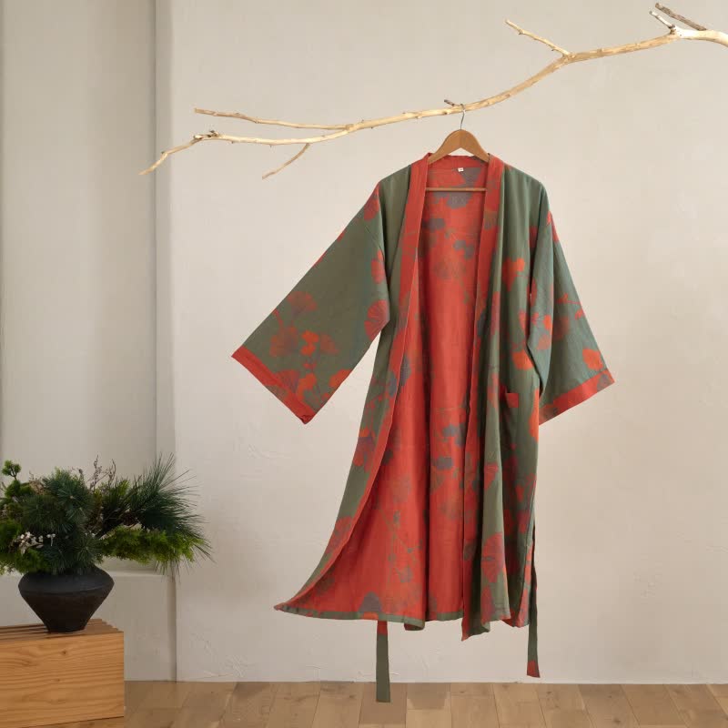 Women's Japanese-Style Cotton Gauze Robe with Oversized Botanical Print | Lightweight Kimono Wrap for Loungewear & Sleepwear | Thomler