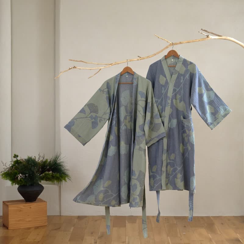 Reversible Cotton Kimono Robe with Ginkgo Leaf Print for Women - Lightweight Spa Bathrobe with Belt & Dual-Tone Design | Thomler
