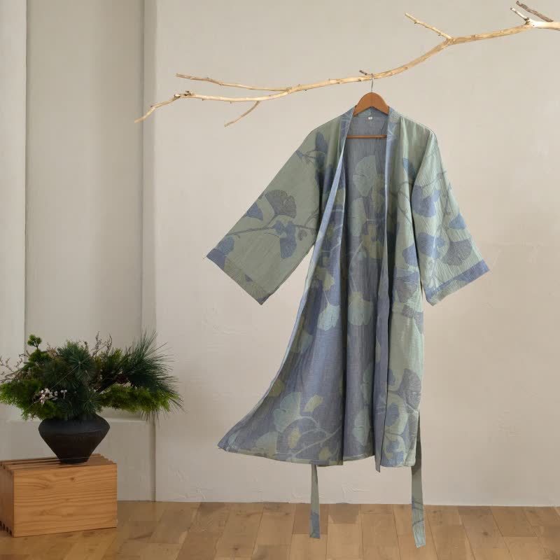 Reversible Cotton Kimono Robe with Ginkgo Leaf Print for Women - Lightweight Spa Bathrobe with Belt & Dual-Tone Design | Thomler