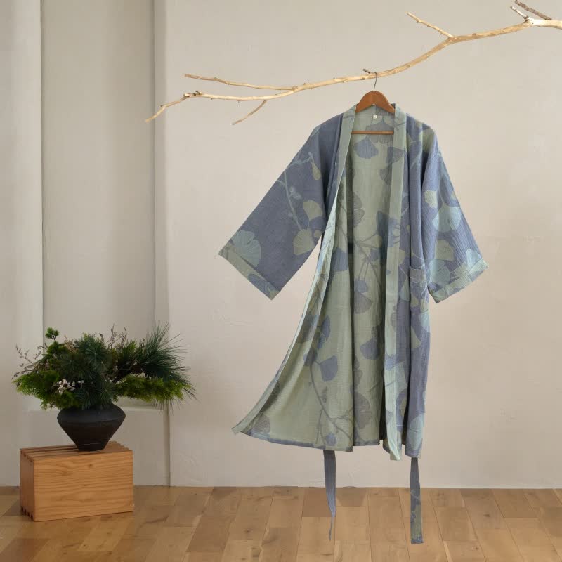 Reversible Cotton Kimono Robe with Ginkgo Leaf Print for Women - Lightweight Spa Bathrobe with Belt & Dual-Tone Design | Thomler
