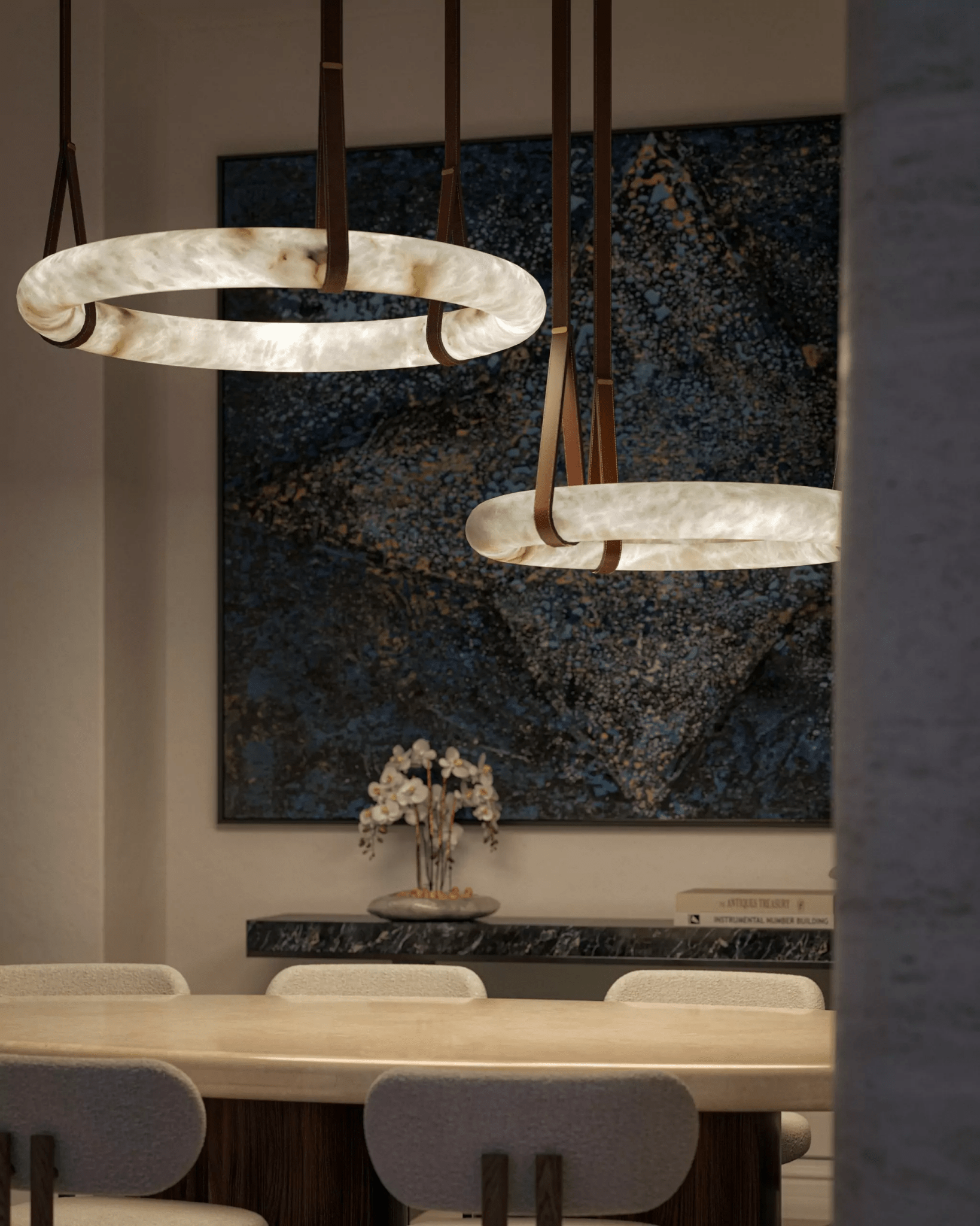 Pendant Light Alabaster Ring LED Ø 120.0 cm Gold Dining Room Halo Hanging Ceiling Lamp Adjustable | Thomler