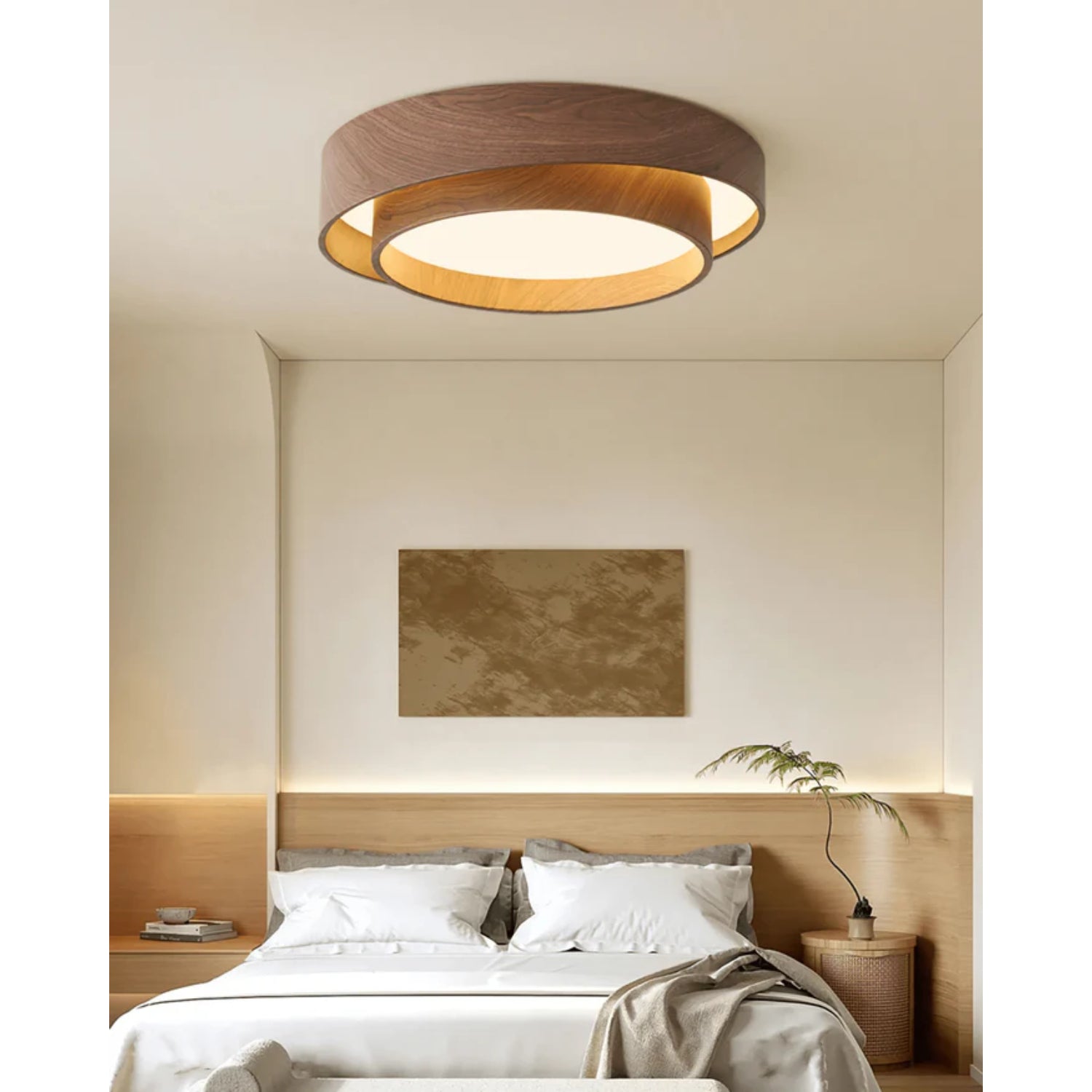 Ceiling Light Wood Look Walnut Integrated LED Japandi Bedroom Living Room Flush Mount Scandinavian Lighting | Thomler