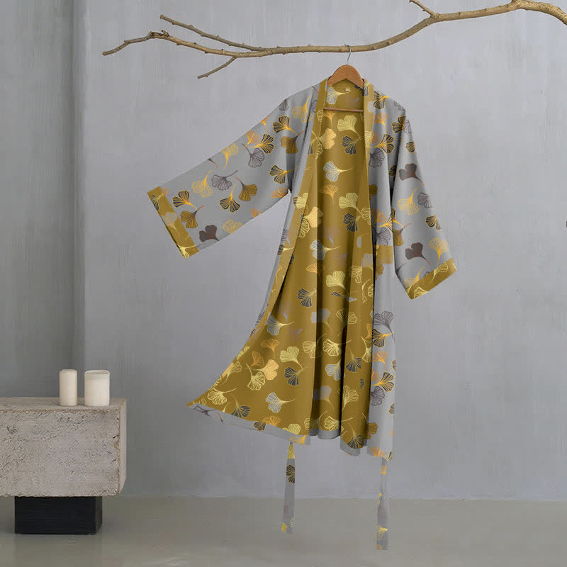 Cotton Gauze Kimono Robe Women Men Lightweight Bathrobe Ginkgo Leaf Pattern Unisex Loungewear Spa Wrap Housecoat Sleepwear Quick-Dry | Thomler