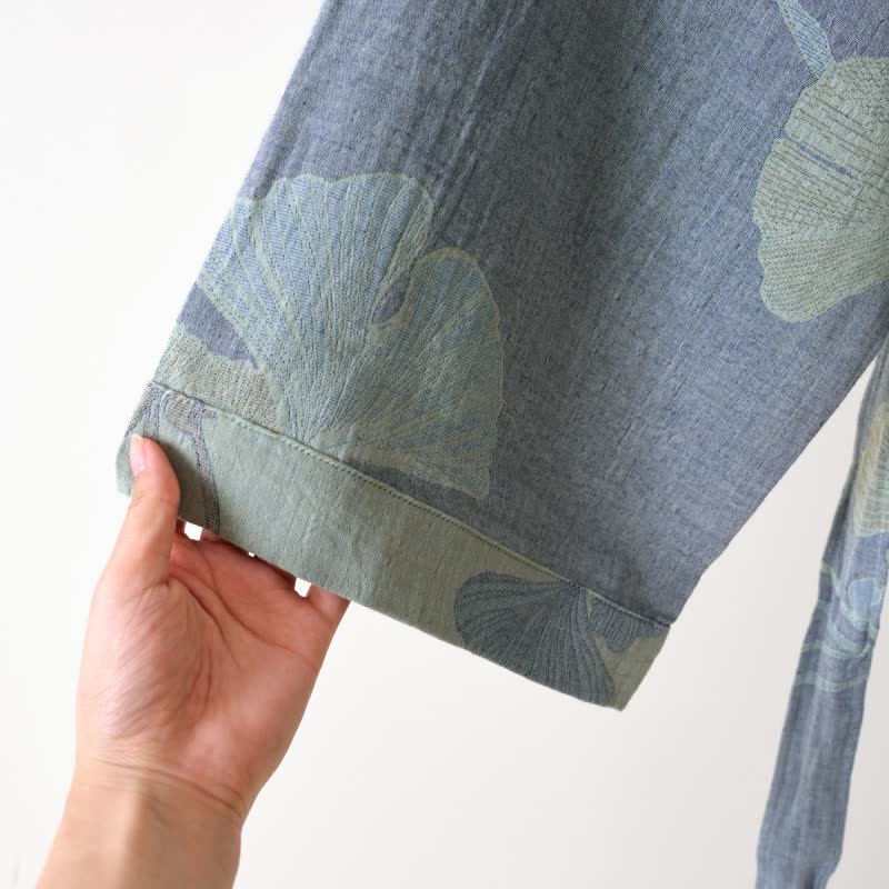 Reversible Cotton Kimono Robe with Ginkgo Leaf Print for Women - Lightweight Spa Bathrobe with Belt & Dual-Tone Design | Thomler