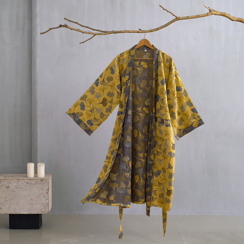 Cotton Gauze Kimono Robe Women Men Lightweight Bathrobe Ginkgo Leaf Pattern Unisex Loungewear Spa Wrap Housecoat Sleepwear Quick-Dry | Thomler