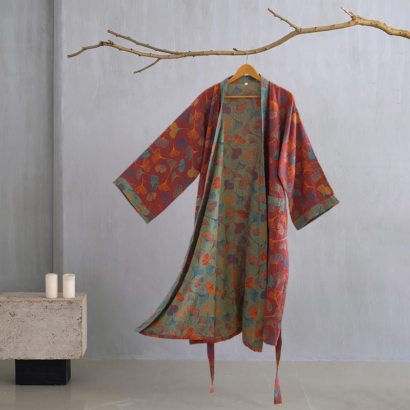 Cotton Gauze Kimono Robe Women Men Lightweight Bathrobe Ginkgo Leaf Pattern Unisex Loungewear Spa Wrap Housecoat Sleepwear Quick-Dry | Thomler