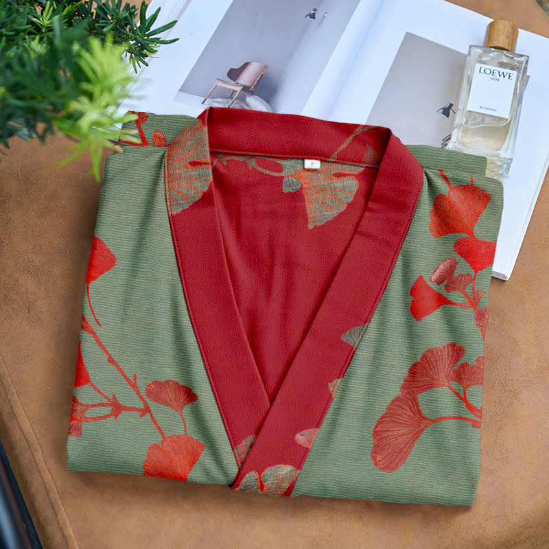 Reversible Cotton Kimono Robe with Ginkgo Leaf Print for Women - Lightweight Spa Bathrobe with Belt & Dual-Tone Design | Thomler