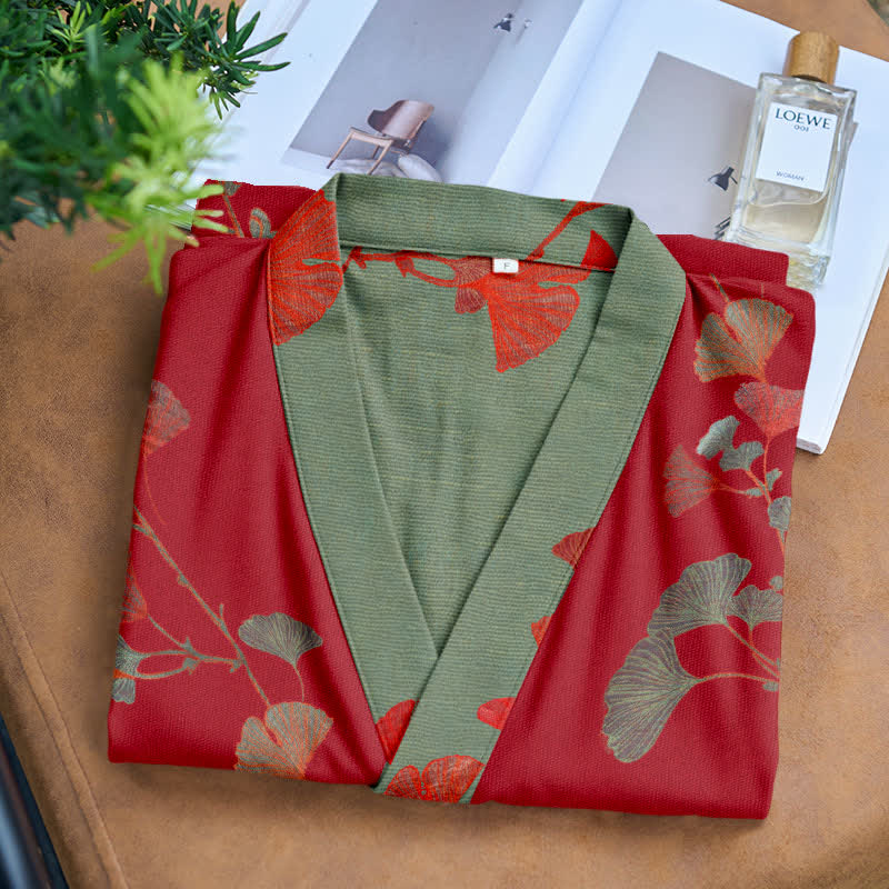 Reversible Cotton Kimono Robe with Ginkgo Leaf Print for Women - Lightweight Spa Bathrobe with Belt & Dual-Tone Design | Thomler