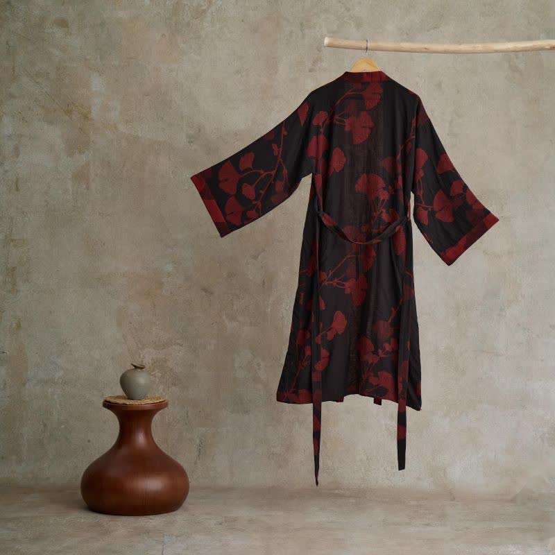 Women's Japanese-Style Cotton Gauze Robe with Oversized Botanical Print | Lightweight Kimono Wrap for Loungewear & Sleepwear | Thomler