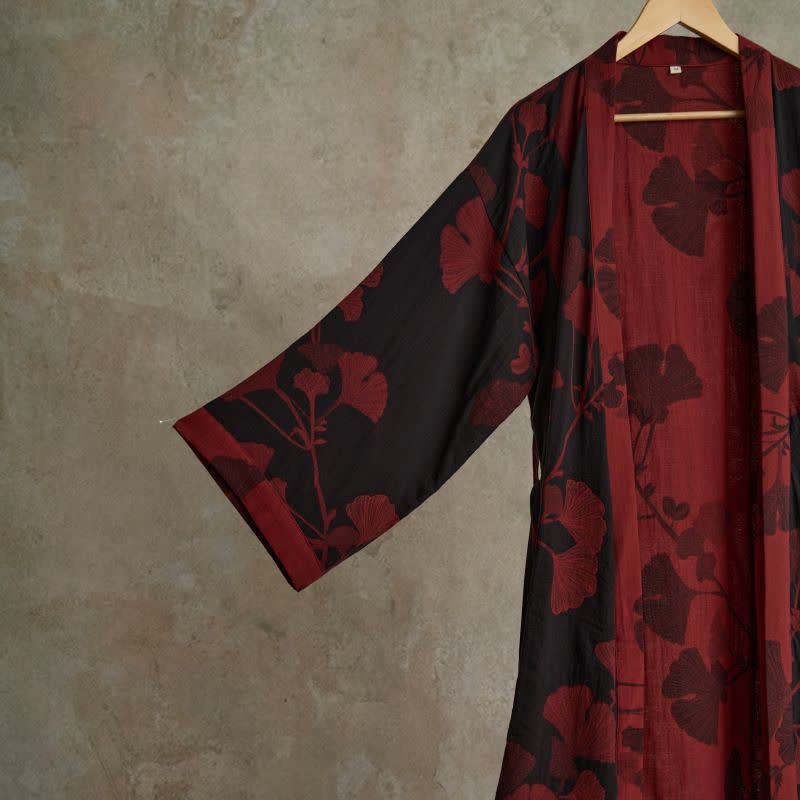 Women's Japanese-Style Cotton Gauze Robe with Oversized Botanical Print | Lightweight Kimono Wrap for Loungewear & Sleepwear | Thomler