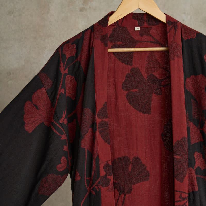Women's Japanese-Style Cotton Gauze Robe with Oversized Botanical Print | Lightweight Kimono Wrap for Loungewear & Sleepwear | Thomler