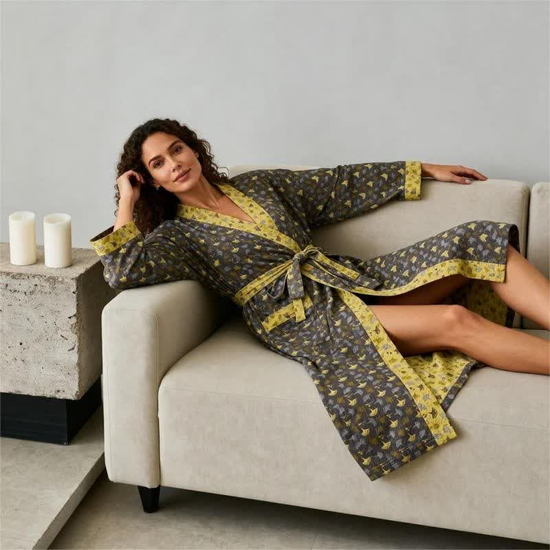 Lightweight Cotton Gauze Kimono Robe for Women & Men – Japanese Style Loungewear with Ginkgo Leaf Print & Adjustable Tie – Breathable | Thomler